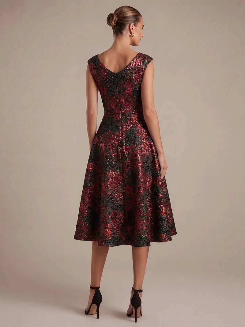 Robe midi sans élasticité à manches courtes en V avec fermeture éclair au dos