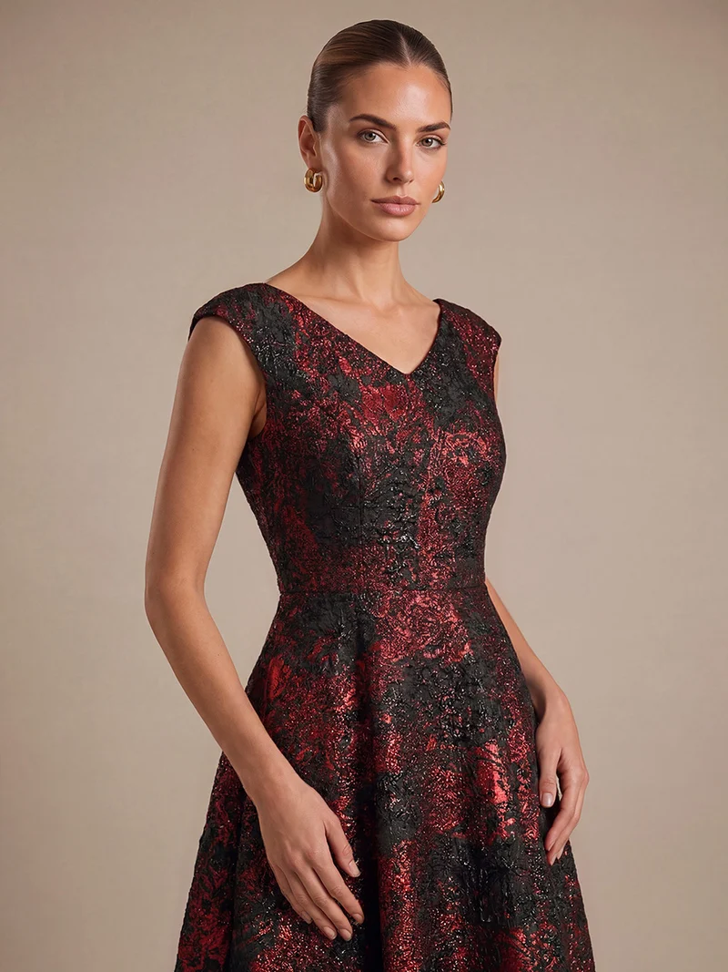 Robe midi sans élasticité à manches courtes en V avec fermeture éclair au dos