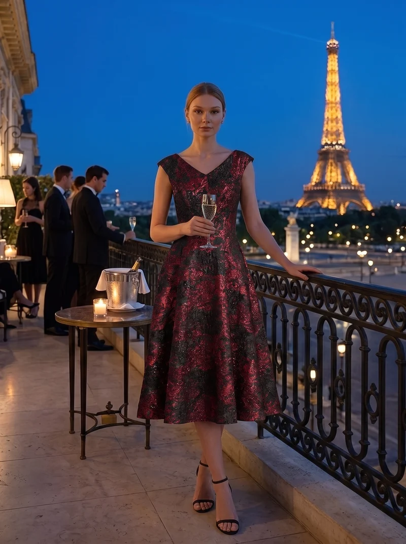 Robe midi sans élasticité à manches courtes en V avec fermeture éclair au dos