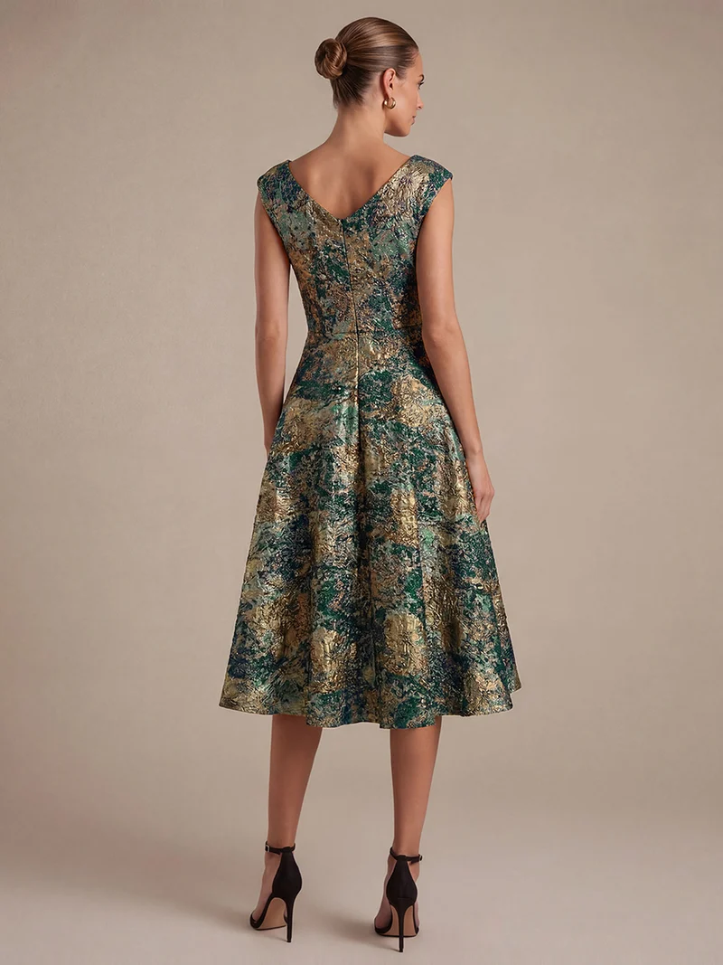 Robe midi sans élasticité à manches courtes en V avec fermeture éclair au dos