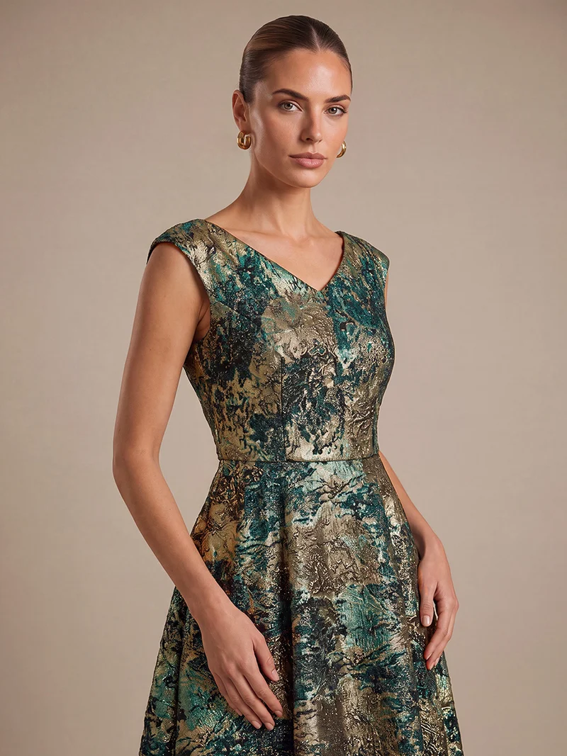Robe midi sans élasticité à manches courtes en V avec fermeture éclair au dos