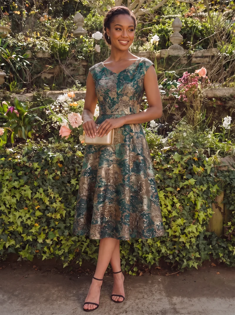 Robe midi sans élasticité à manches courtes en V avec fermeture éclair au dos