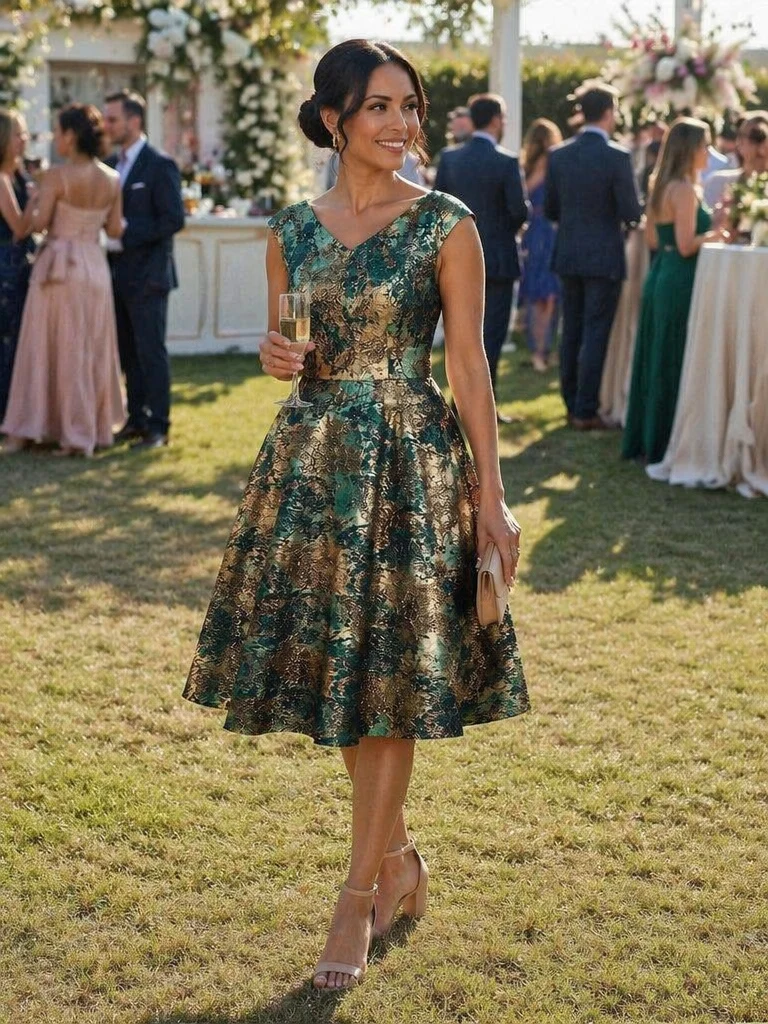 Robe midi sans élasticité à manches courtes en V avec fermeture éclair au dos