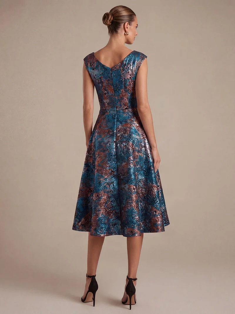 Robe midi sans élasticité à manches courtes en V avec fermeture éclair au dos