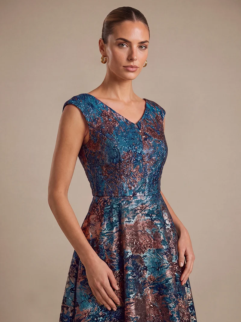 Robe midi sans élasticité à manches courtes en V avec fermeture éclair au dos