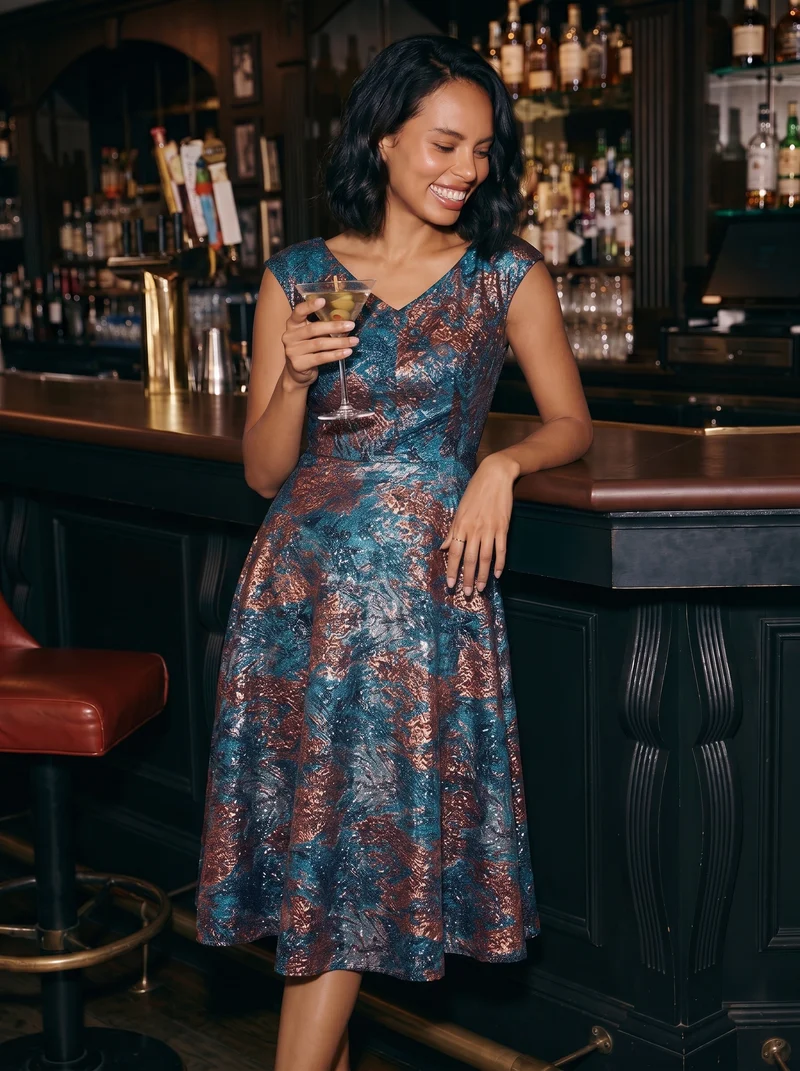 Robe midi sans élasticité à manches courtes en V avec fermeture éclair au dos