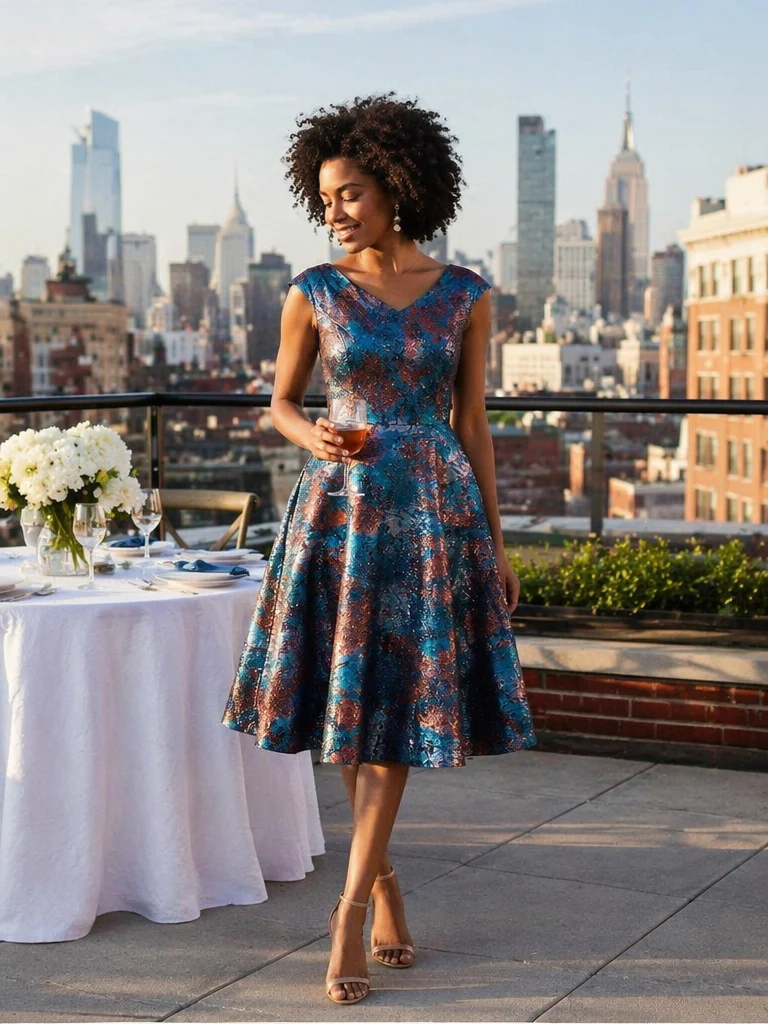 Robe midi sans élasticité à manches courtes en V avec fermeture éclair au dos