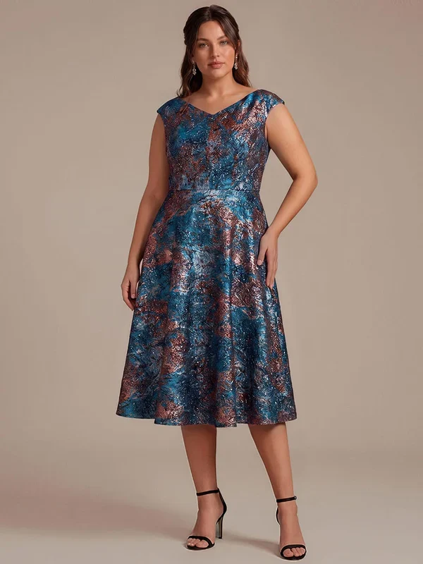 Robe midi sans élasticité à manches courtes en V avec fermeture éclair au dos