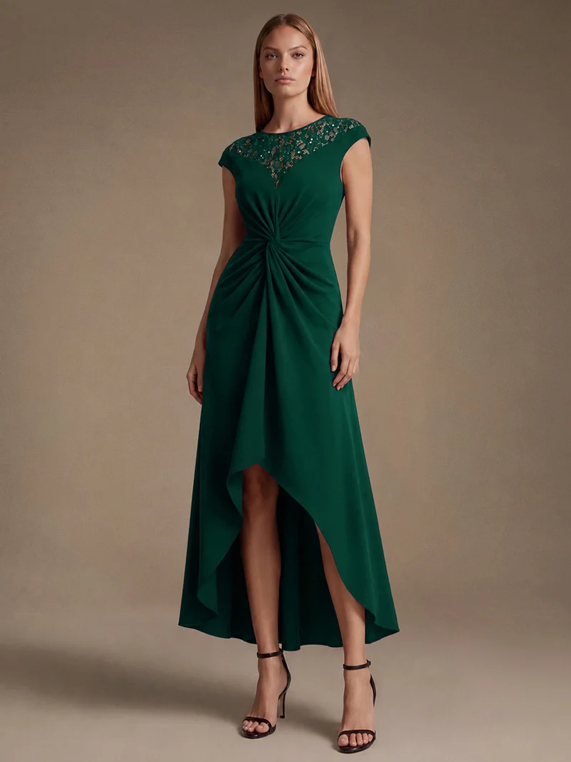 Robe A-Line à sequins avec manches courtes et détails transparents col rond et ourlet asymétrique