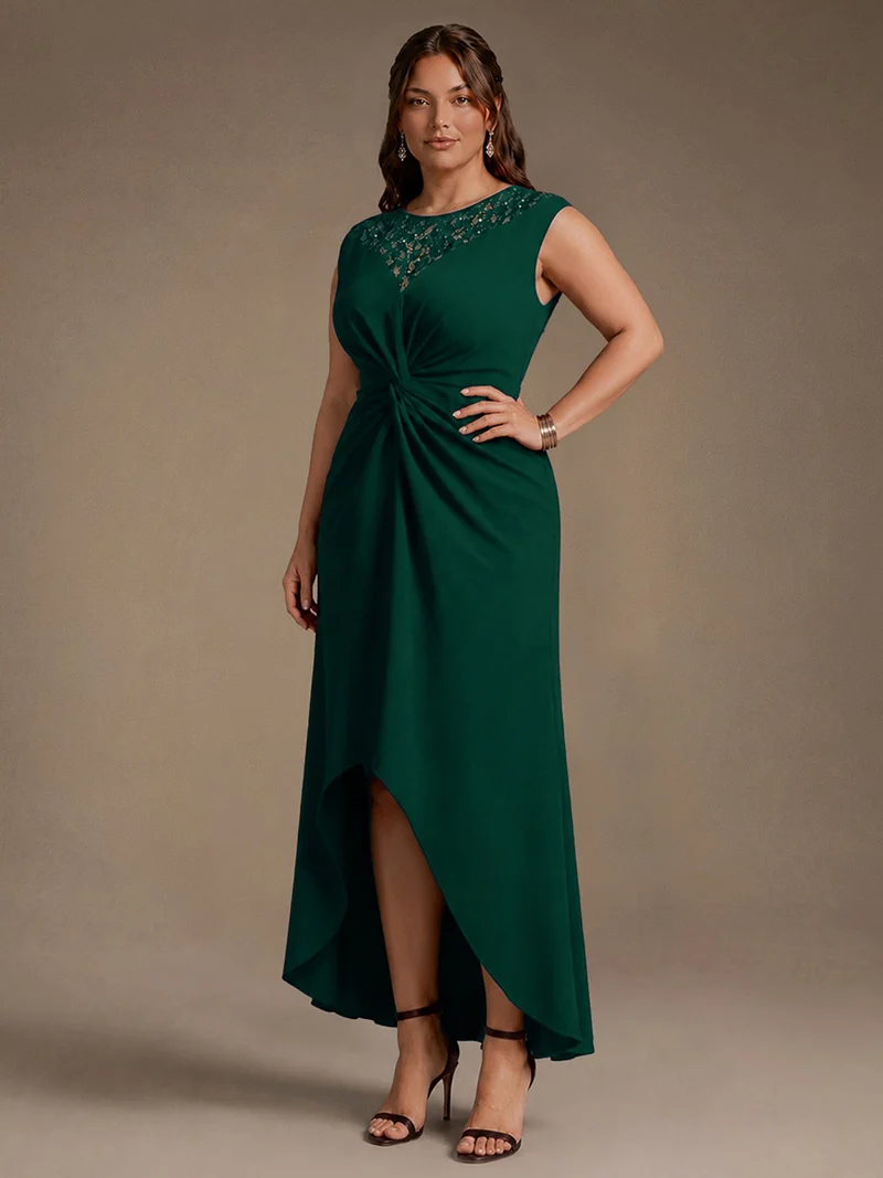 Robe A-Line à sequins avec manches courtes et détails transparents col rond et ourlet asymétrique