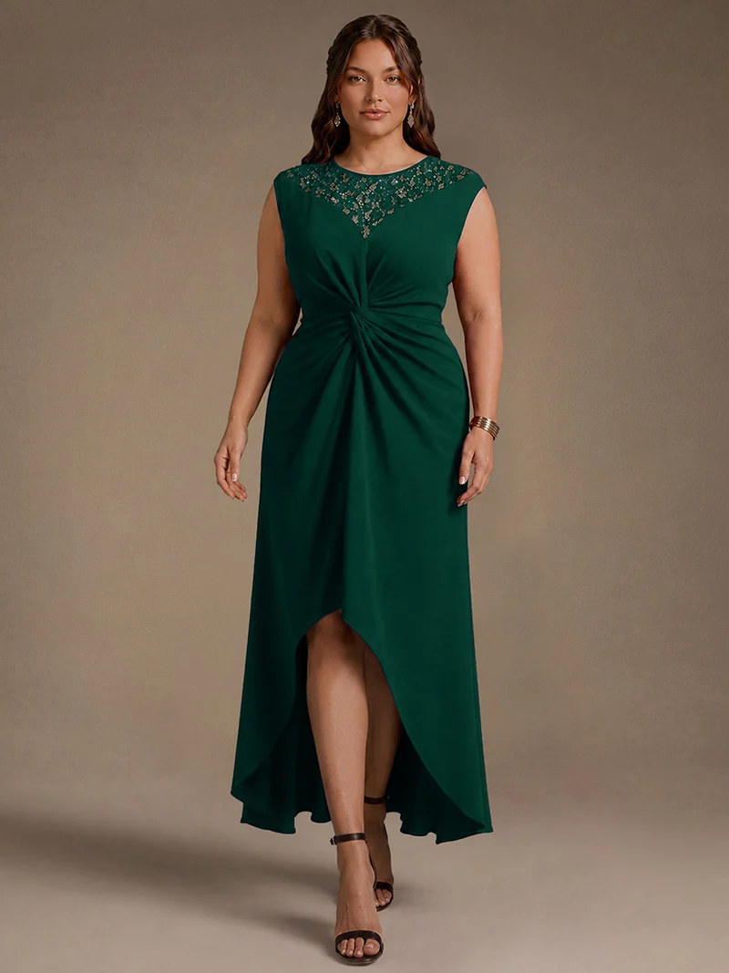 Robe A-Line à sequins avec manches courtes et détails transparents col rond et ourlet asymétrique