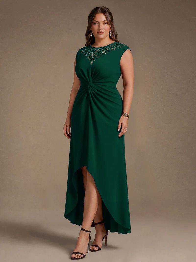 Robe A-Line à sequins avec manches courtes et détails transparents col rond et ourlet asymétrique