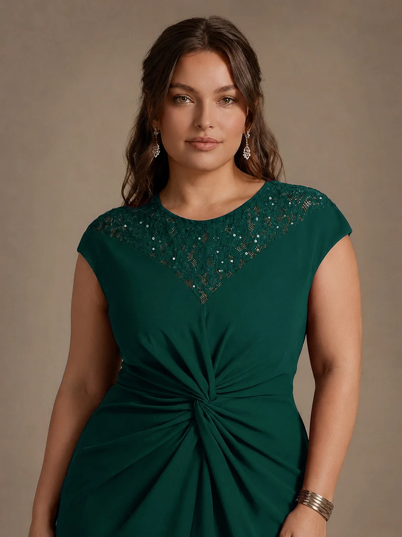 Robe A-Line à sequins avec manches courtes et détails transparents col rond et ourlet asymétrique