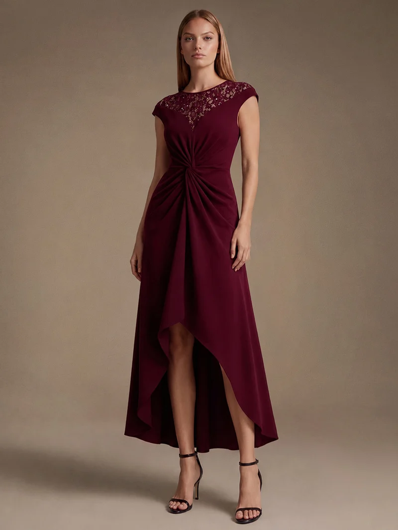 Robe A-Line à sequins avec manches courtes et détails transparents col rond et ourlet asymétrique