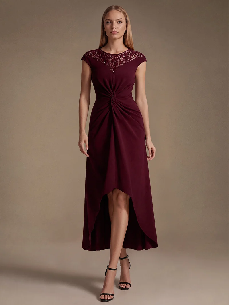 Robe A-Line à sequins avec manches courtes et détails transparents col rond et ourlet asymétrique
