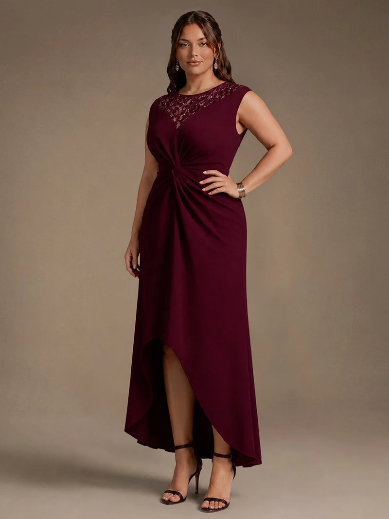 Robe A-Line à sequins avec manches courtes et détails transparents col rond et ourlet asymétrique
