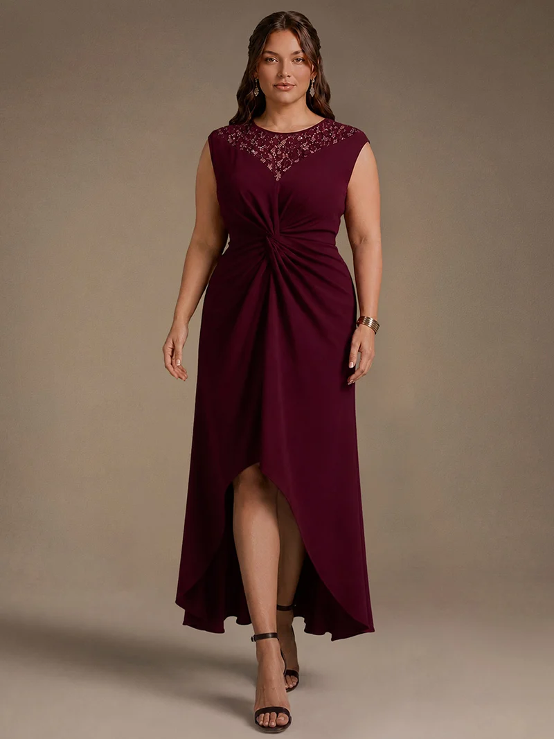 Robe A-Line à sequins avec manches courtes et détails transparents col rond et ourlet asymétrique