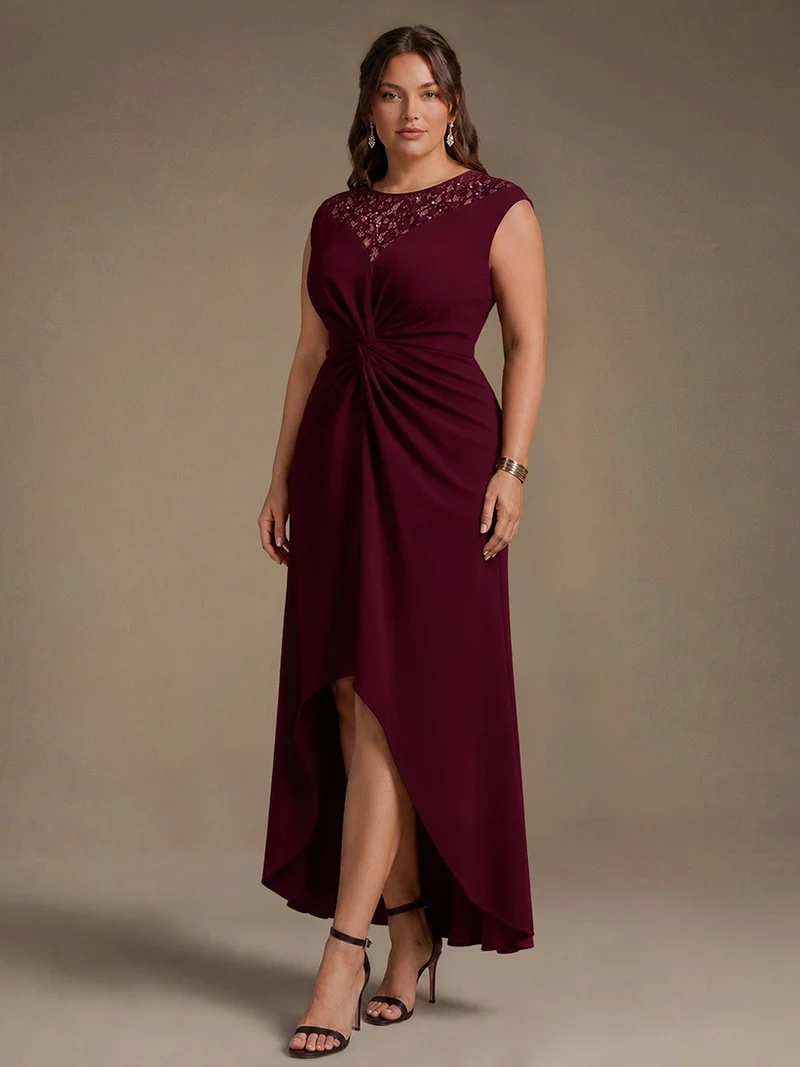 Robe A-Line à sequins avec manches courtes et détails transparents col rond et ourlet asymétrique