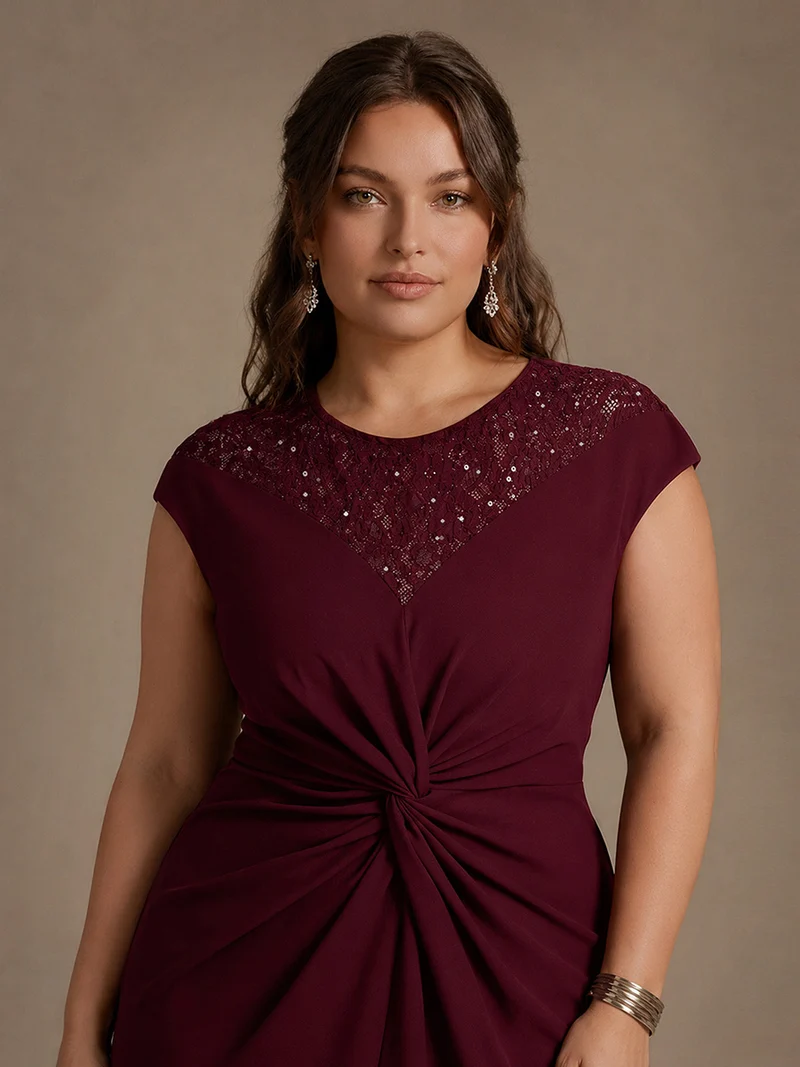 Robe A-Line à sequins avec manches courtes et détails transparents col rond et ourlet asymétrique