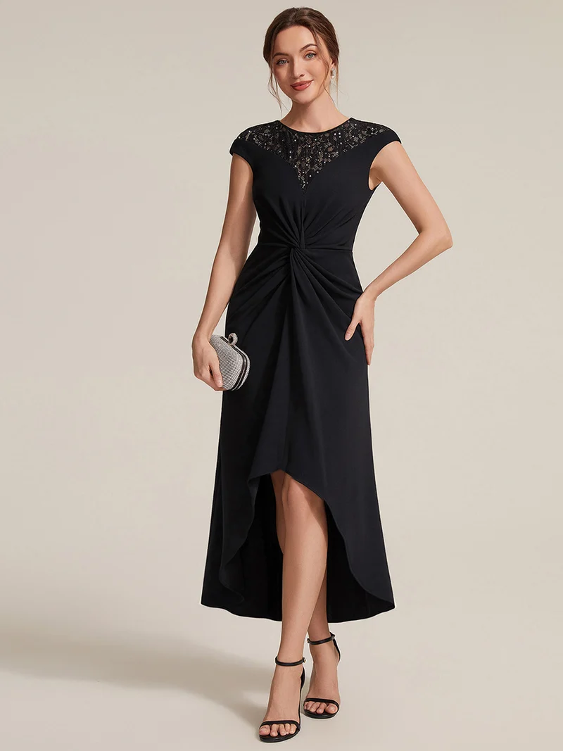 Robe A-Line à sequins avec manches courtes et détails transparents col rond et ourlet asymétrique