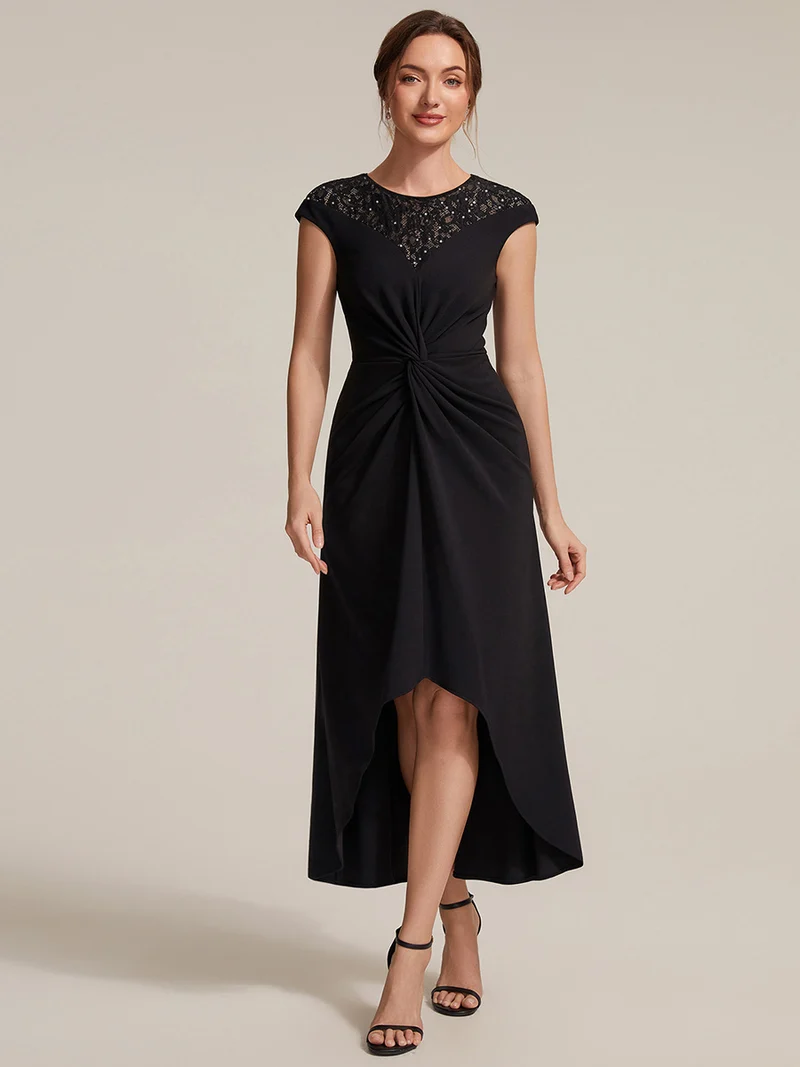 Robe A-Line à sequins avec manches courtes et détails transparents col rond et ourlet asymétrique