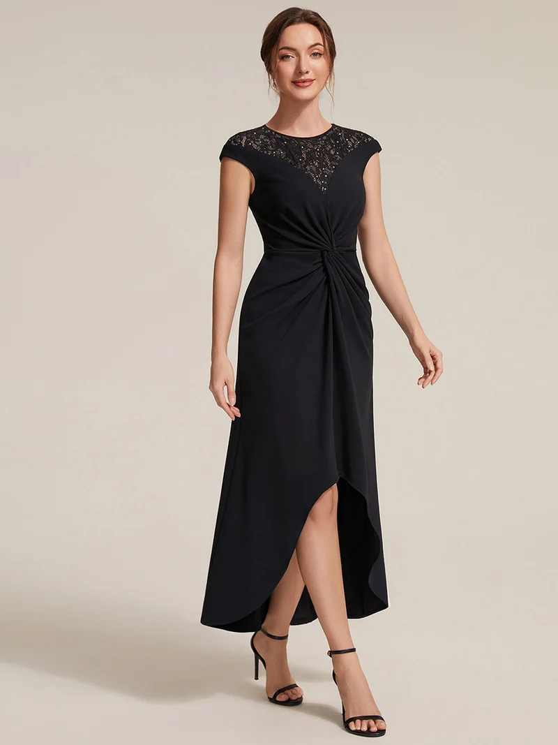 Robe A-Line à sequins avec manches courtes et détails transparents col rond et ourlet asymétrique