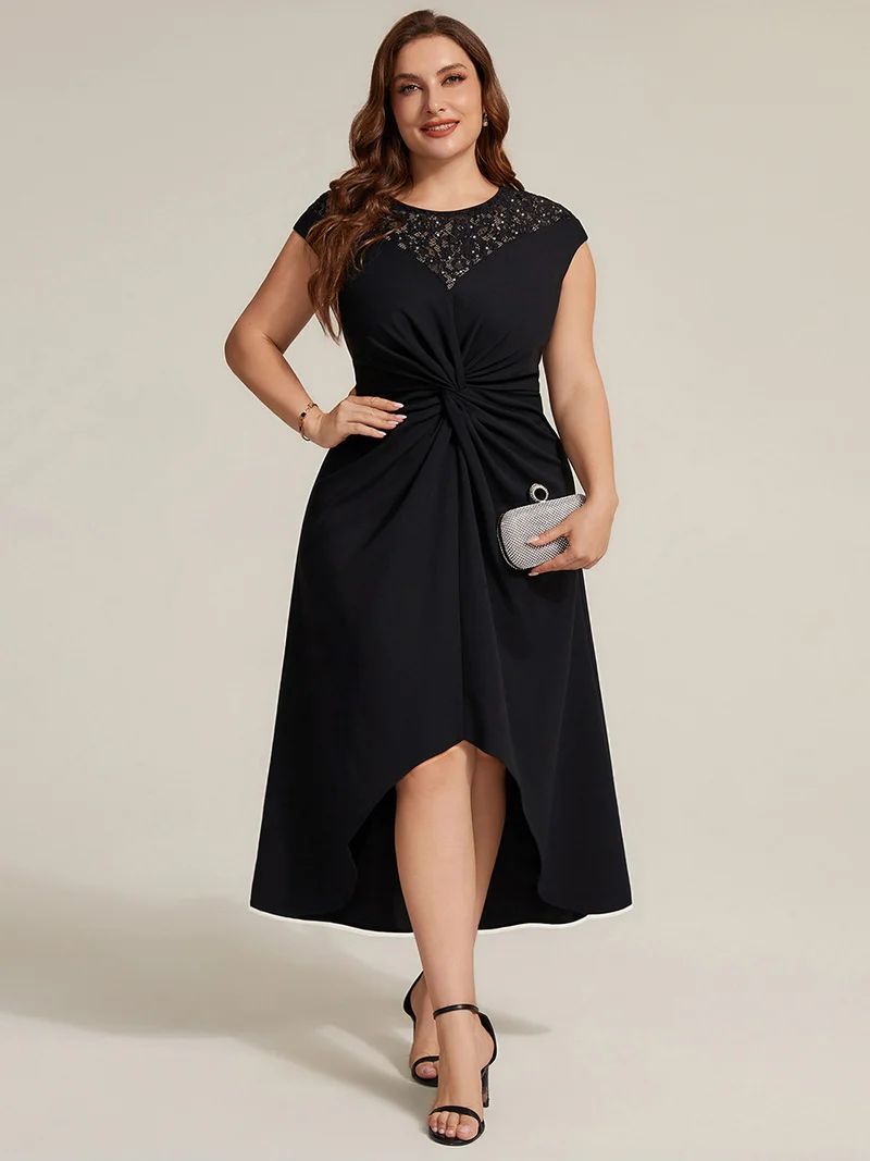 Robe A-Line à sequins avec manches courtes et détails transparents col rond et ourlet asymétrique