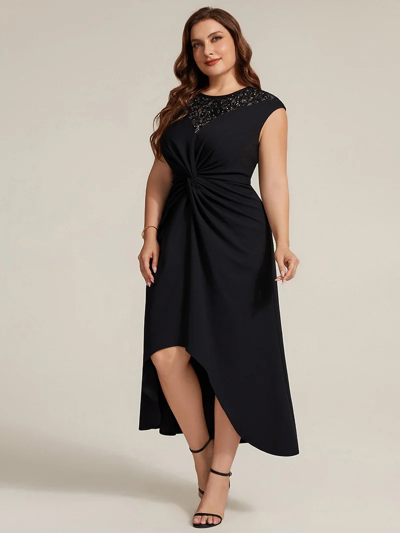Robe A-Line à sequins avec manches courtes et détails transparents col rond et ourlet asymétrique