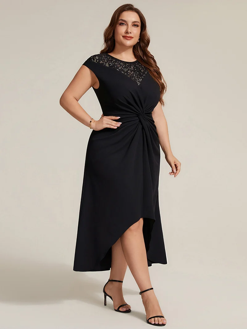 Robe A-Line à sequins avec manches courtes et détails transparents col rond et ourlet asymétrique