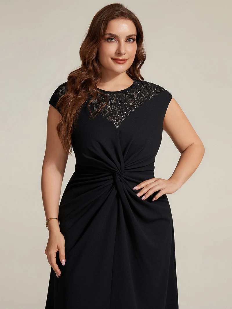 Robe A-Line à sequins avec manches courtes et détails transparents col rond et ourlet asymétrique