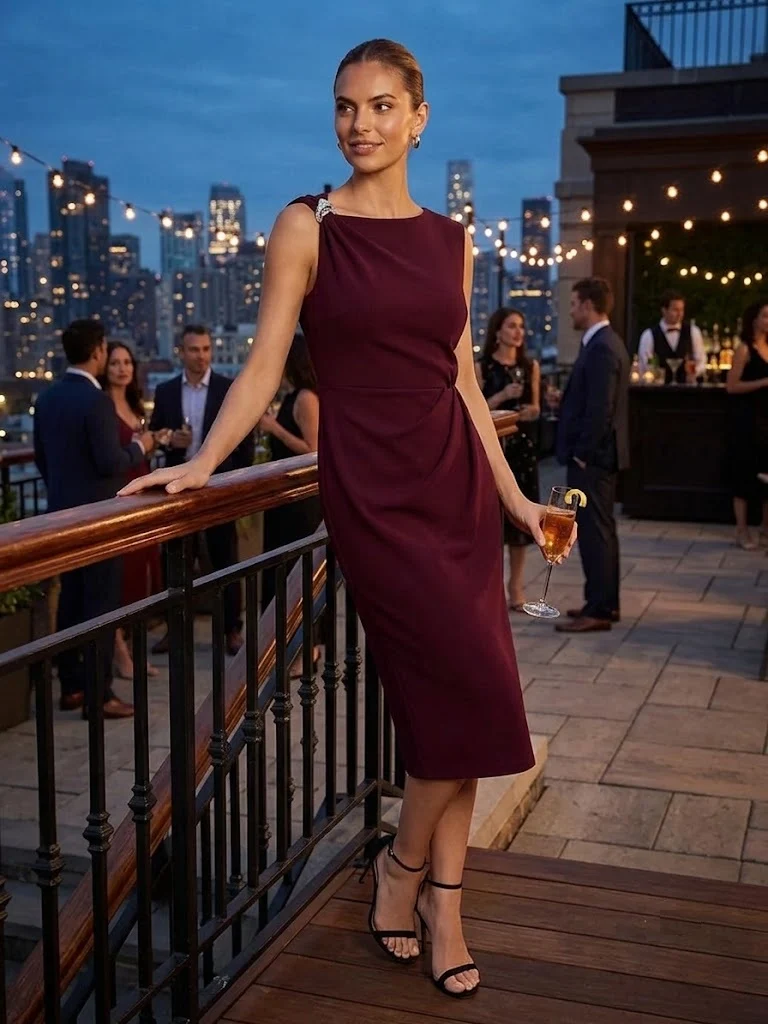 Robe midi ajustée sans manches à encolure asymétrique avec fermeture éclair au dos
