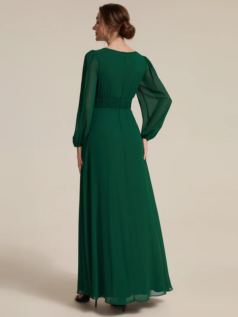 Robe maxi A-line à manches longues en sequins, col rond