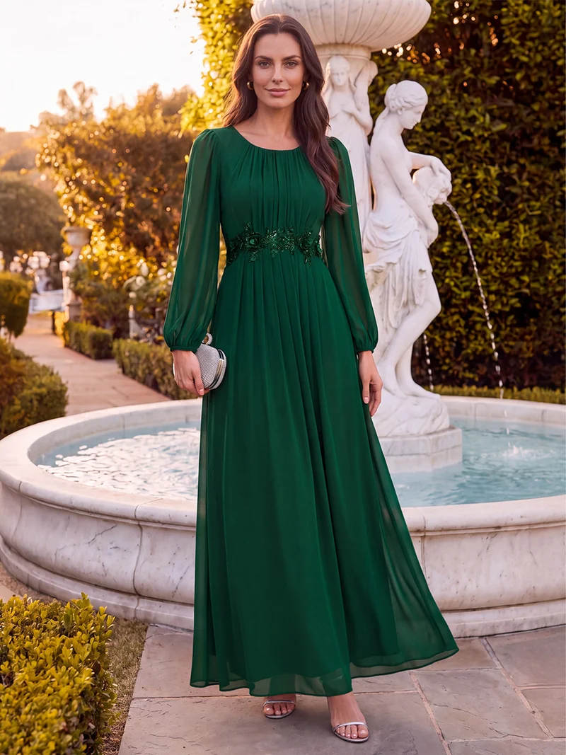Robe maxi A-line à manches longues en sequins, col rond