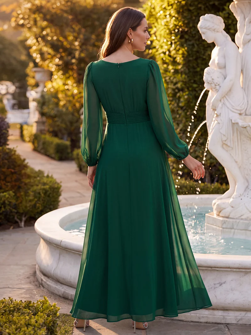 Robe maxi A-line à manches longues en sequins, col rond