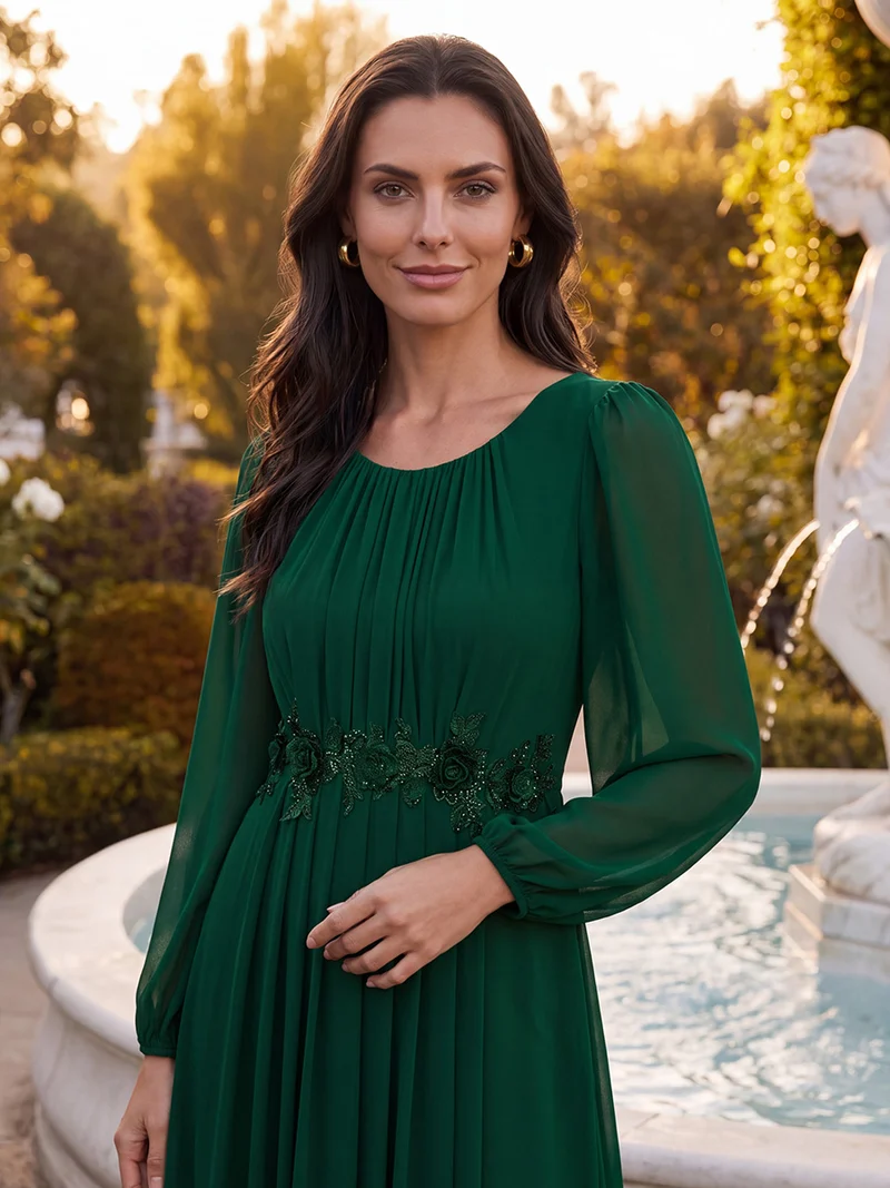 Robe maxi A-line à manches longues en sequins, col rond