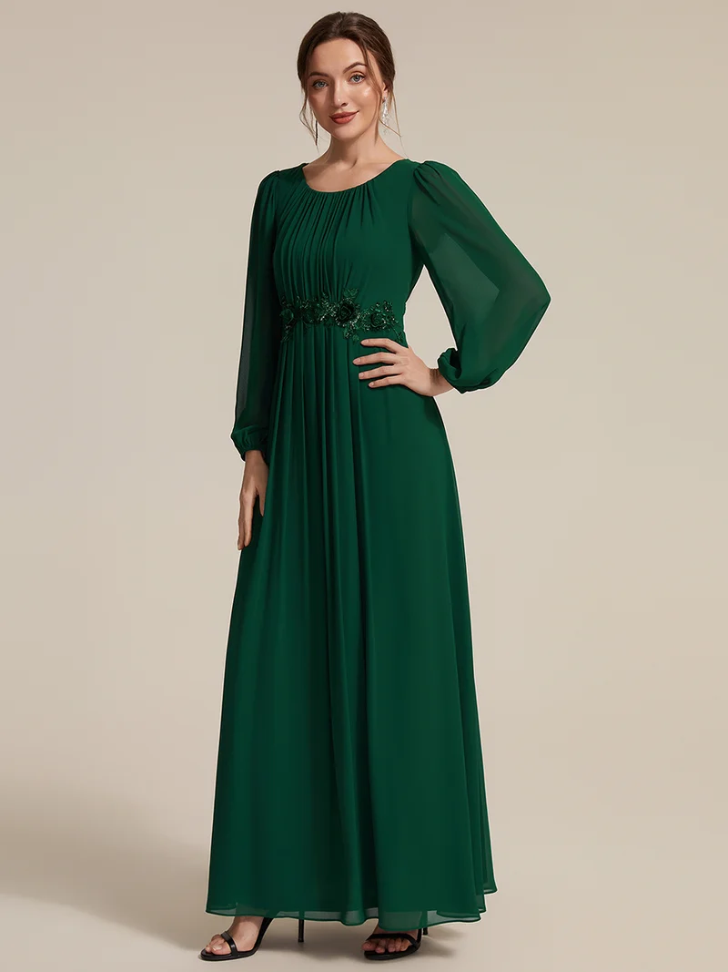 Robe maxi A-line à manches longues en sequins, col rond