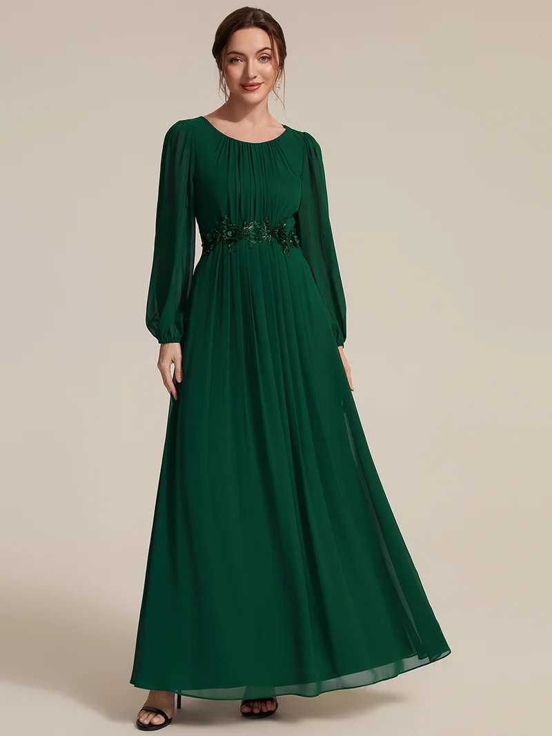 Robe maxi A-line à manches longues en sequins, col rond