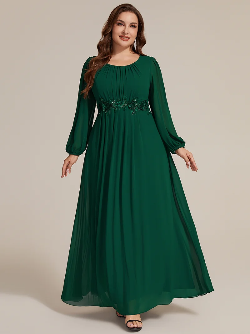 Robe maxi A-line à manches longues en sequins, col rond