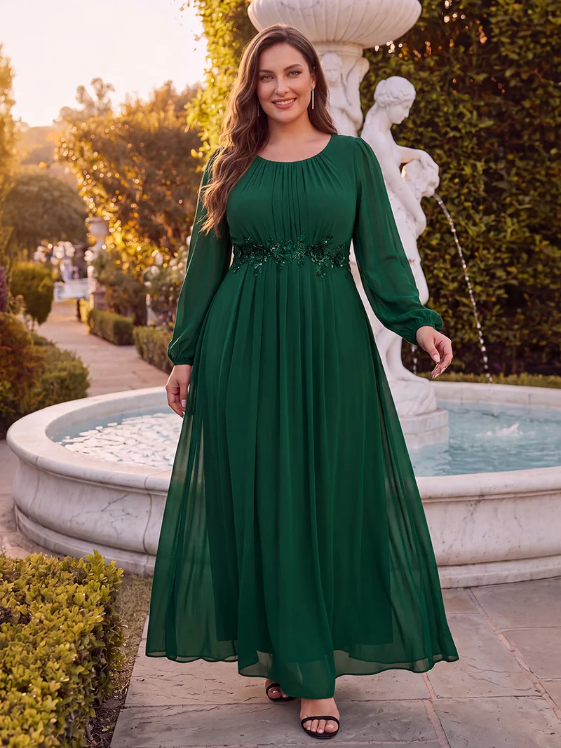 Robe maxi A-line à manches longues en sequins, col rond