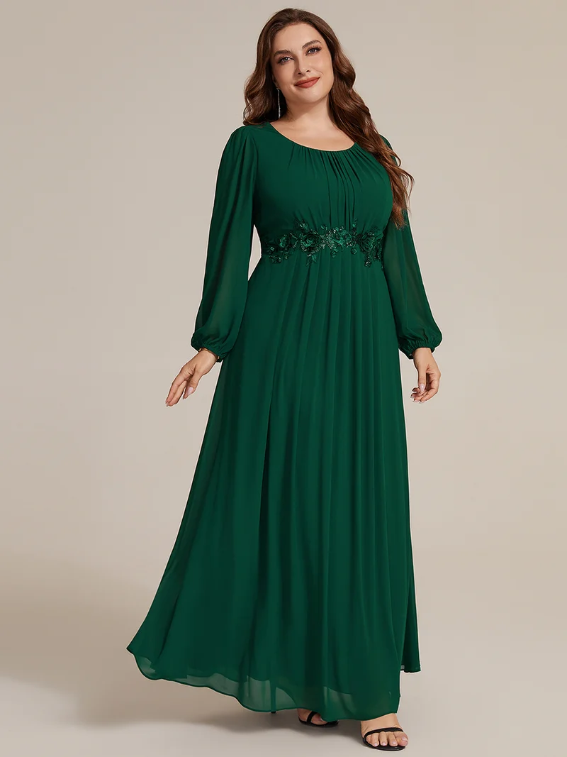 Robe maxi A-line à manches longues en sequins, col rond