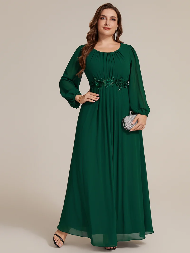 Robe maxi A-line à manches longues en sequins, col rond