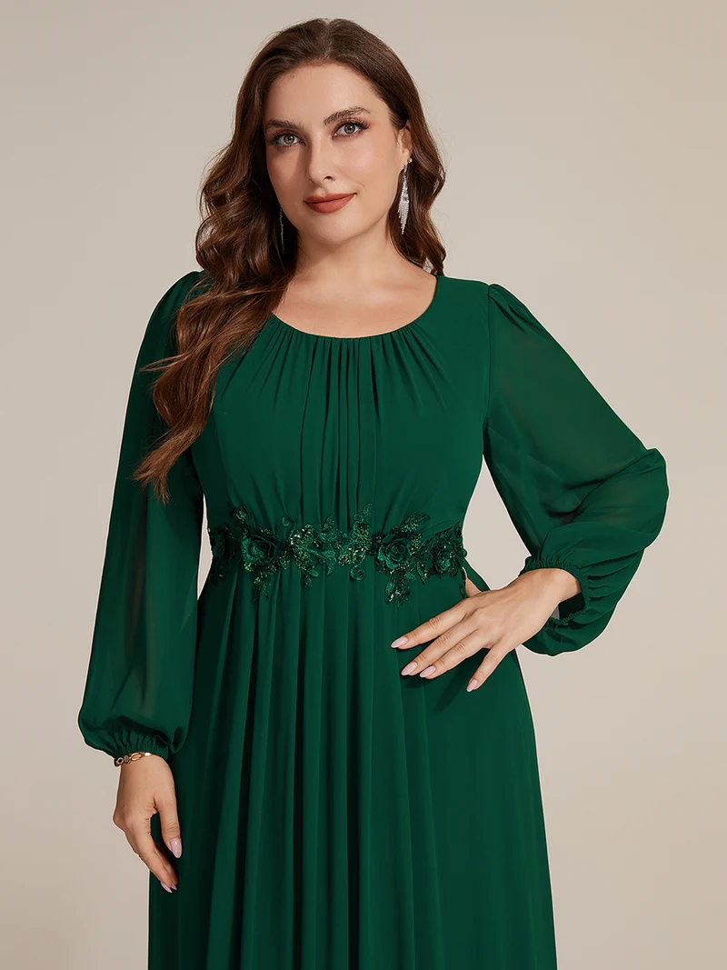 Robe maxi A-line à manches longues en sequins, col rond