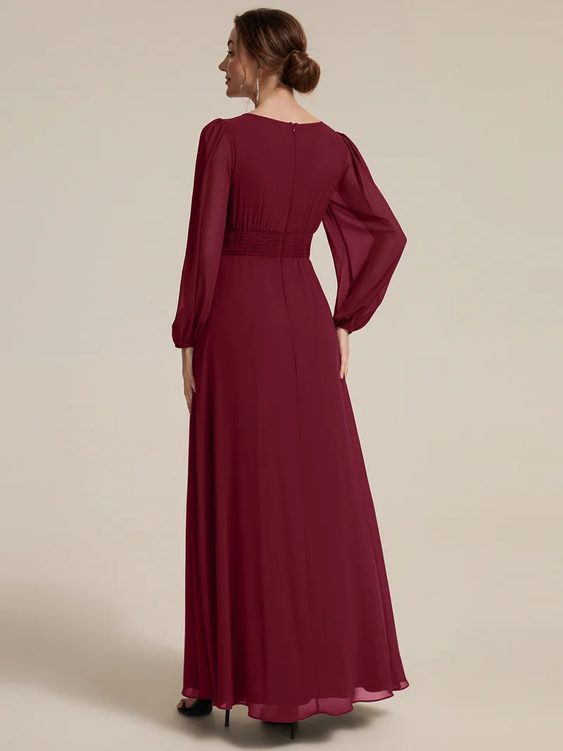 Robe maxi A-line à manches longues en sequins, col rond