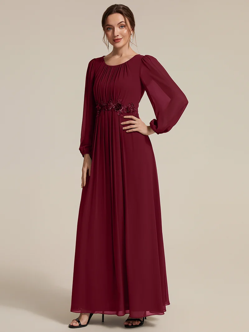 Robe maxi A-line à manches longues en sequins, col rond