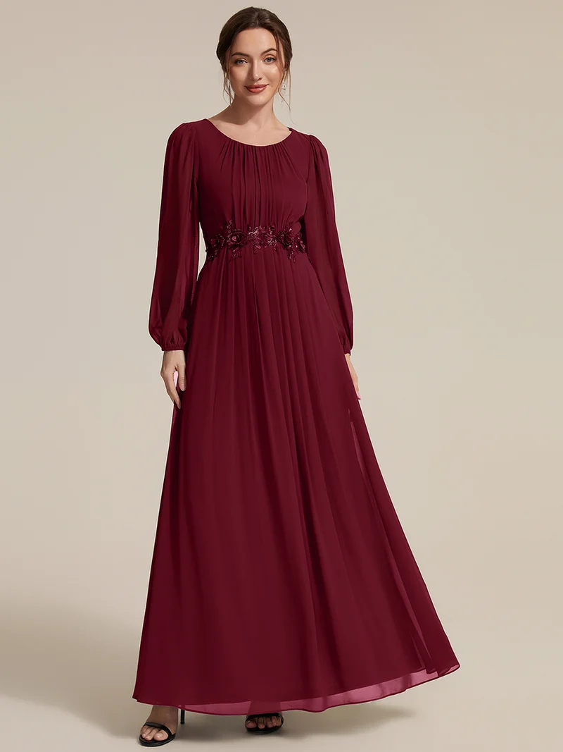 Robe maxi A-line à manches longues en sequins, col rond