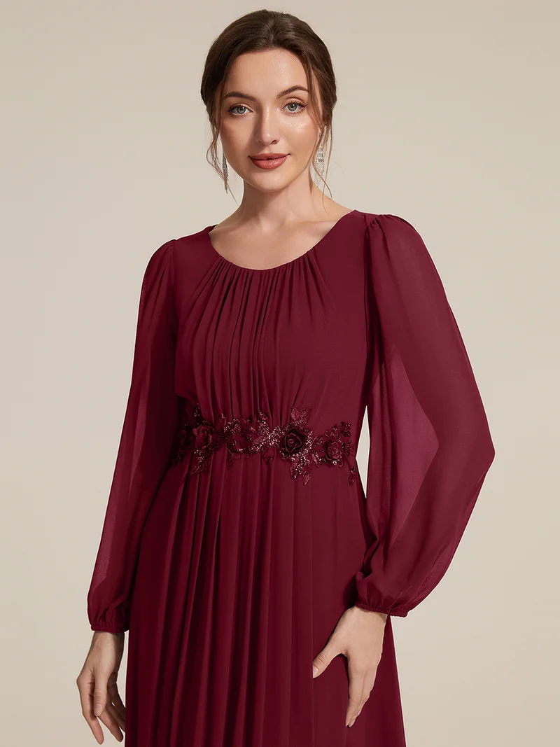 Robe maxi A-line à manches longues en sequins, col rond