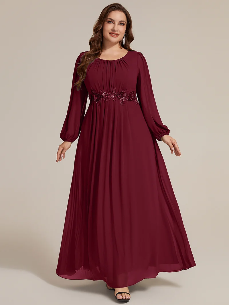 Robe maxi A-line à manches longues en sequins, col rond