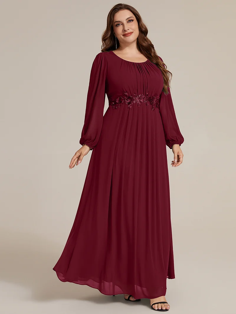 Robe maxi A-line à manches longues en sequins, col rond
