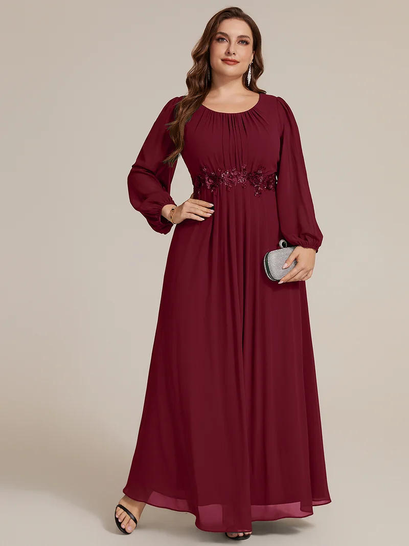Robe maxi A-line à manches longues en sequins, col rond
