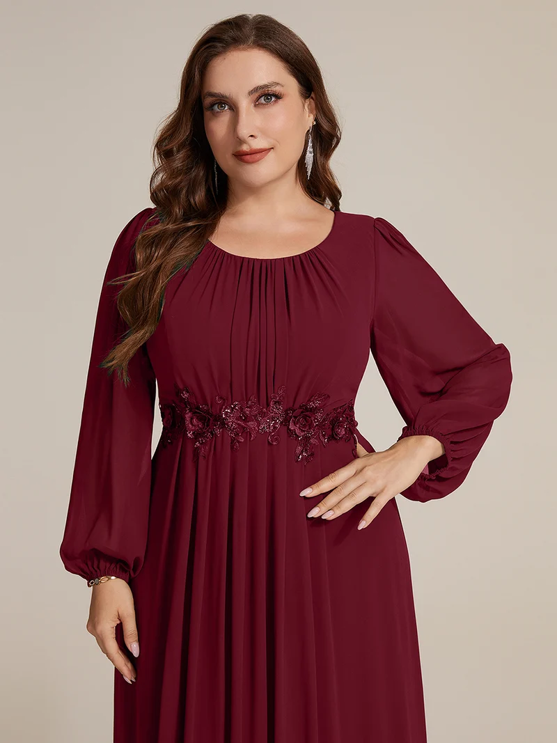 Robe maxi A-line à manches longues en sequins, col rond